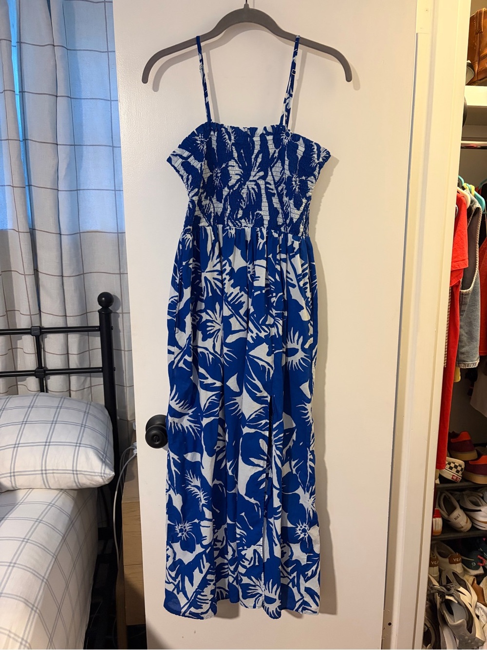 LOFT Blue and White Floral Maxi Dress with Smocked Bodice